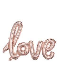Balon din Folie Metalizata, Flippy, Model Love scris de mana, 102x65 cm, Tematica Ziua Îndrăgostiților, Ambalaj Individual, Pai Inclus, Umflare cu Aer sau Heliu, Rose Gold