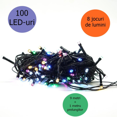 Instalatie de Craciun 8 jocuri de lumini, controler, liniara, 10 m, din care 1 m cablu priza 220V, 100 LED, fir negru, multicolor