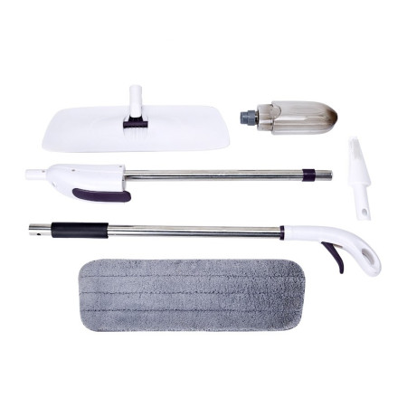 Mop plat, Flippy, cu pulverizator, pentru uz casnic, plastic, rezerva de mop din microfibra, 125x40 cm, Alb/Mov