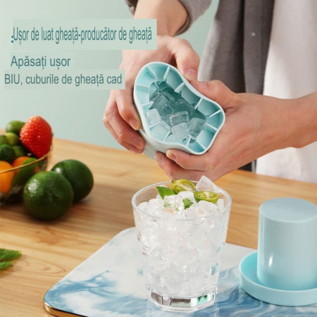 Tava de Gheata din Silicon cu Capac, Flippy, Forma de Gheata pentru Racirea Bauturilor, in Forma de Frapiera, Silicon fara BPA, Cuburi de Gheata, 9x8.5x8 cm, Albastru
