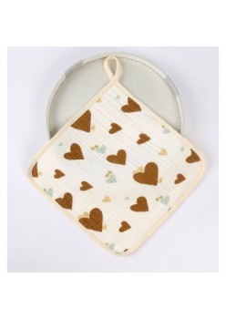 Prosop Absorbant din Bumbac pentru Bebelusi, Flippy, 25x25 cm, Model Inimioare, cu Agatatoare, Bej