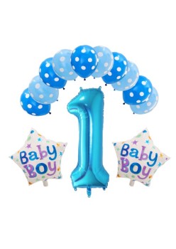 Set 13 baloane, pentru Prima Aniversare, 10 baloane latex, 2 baloane stea folie, cifra 1, Albastru