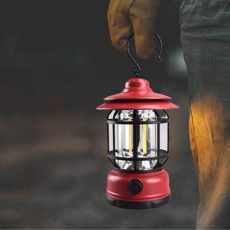 Lampă Portabilă Camping Roșie, Felinar Vintage cu Cârlig, 21 COB LED, Intensitate Reglabilă, 360° Iluminare, 5W, ABS, 10.8x14 cm