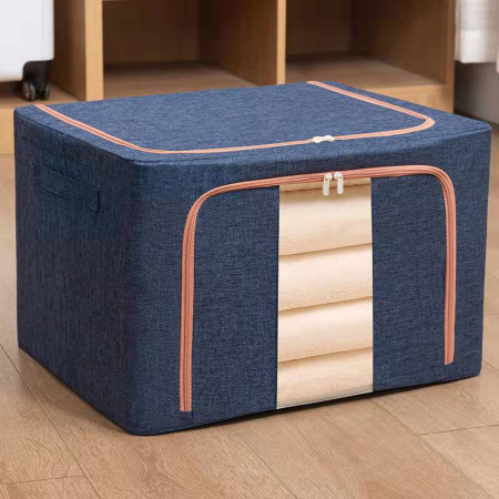 Cutie de Depozitare Pliabilă, 24L, Bumbac & In, 40x30x20 cm, Fereastră Transparentă, 2 Uși cu Fermoar, Cadru Metalic, Bază Stabilă, Albastru Marin