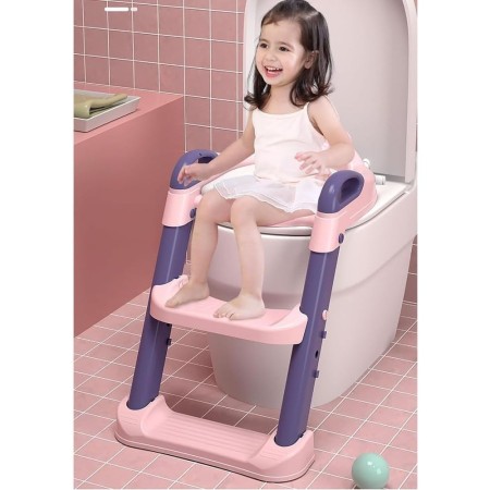 Reductor WC Copii cu Scaunel Inaltator, 1-7 Ani, Colac Moale, 2 Trepte Reglabile, Pliabil, cu Spatar si Manere, Roz-Mov