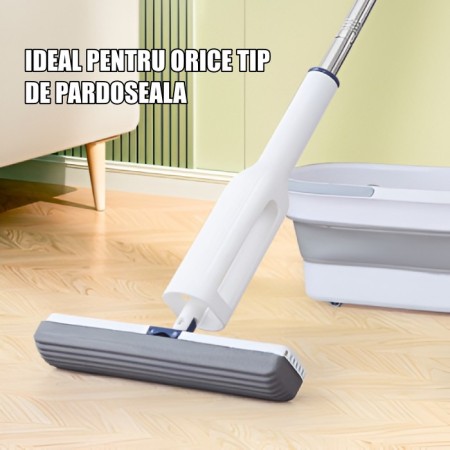 Set Mop cu Galeata Pliabila si Stoarcere Usoara – Gri, 32 cm, Maner Telescopic 140 cm, Sistem cu Roti si Mecanism dublu