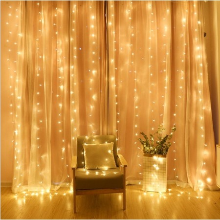 Instalatie Craciun, Tip Perdea, IP44, 4 m x 2 m, 480 LED-uri, Alb cald, cu flash, Transformator cu telecomanda, Interconectabila, Prelungitor 3 m inclus, Fir transparent, Interior/ Exterior, Flippy