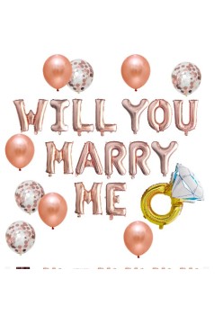 Set baloane decorative WILL YOU MARRY ME, Flippy, set din 12 piese, 10 baloane latex, 1 set Marry me, 1 balon folie inel, Rose Gold