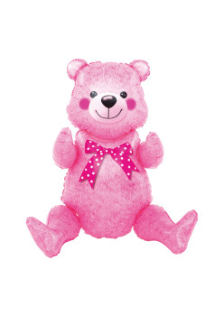 Balon din Folie Metalizata, Flippy, Figurina Animalute, Model Ursulet Asezat, Tematica Aniversare, 44x82.5 cm, Ambalaj Individual, Pai Inclus, Umflare cu Aer sau Heliu, Roz
