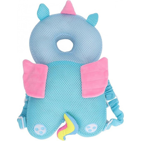 Pernă Tip Rucsac pentru Protecția Capului Bebelușilor, Tetieră Model Unicorn, Design cu Plasă Aerisită, 33x6x19 cm, 180 g, Albastru