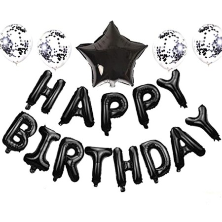 Set 25 de Baloane din Folie Metalizata si Latex, Flippy, Figurine 2 Stele, 4 Baloane Confetti, 13 Litere, 6 Latex, Model Happy Birthday, Tema Aniversare, 40 cm, Ambalaj Individual, Pai Inclus, Umflare cu Aer sau Heliu, Negru