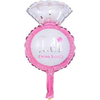 Balon din Folie Metalizata, Flippy, Mini Figurine Nunta, Model Inel de Logodna, Tematica Cerere in Casatorie, 46x23 cm, Ambalaj Individual, Pai Inclus, Umflare cu Aer sau Heliu, Roz