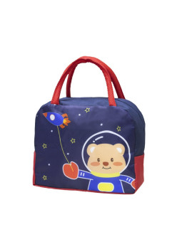 Geanta Termoizolanta pentru Copii, Flippy, 23x13x19 cm, Model Imprimeu Ursulet Astronaut, din Folie de Aluminiu si Panza Oxford, Albastru/Rosu