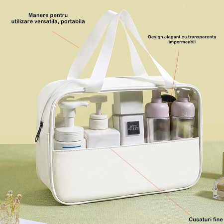 Geanta cosmetice, pentru voiaj sau organizare, material PVC/textil, impermeabila, portabila, 26 x 15 x 10 cm, alb