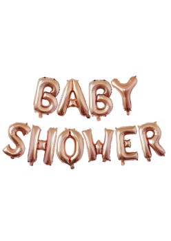 Set Baloane din Folie Metalizata, Flippy, Model Baby Shower, Litere de 40 cm, Baloane Party, Ambalaj Individual, Pai, Ata si Adeziv Incluse, Umflare cu Aer sau Heliu, Rose Gold