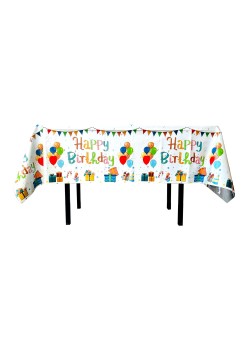 Fata de Masa, Flippy, din Folie, Imprimeu Happy Birthday cu Baloane, 137 x 274 cm, Alb