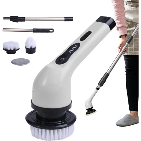 Perie Electrica de Curatare, Flippy, pentru Gresie, Baie, Bucatarie, 25x20x9.5 cm, cu 9 Capete, Maner Extensibil Detasabil 84-127cm, Incarcare USB-Type C, Rotire 360 de Grade, 3000 mAh, Culoare: Alb