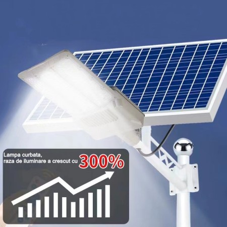 Lampa solara stradala Flippy, pentru curte sau strada, cu doua grile, finisaj mat, rezistent la apa, montare prin fixare, senzor lumina, baterie de litiu, IP65, lumina rece, putere 300W, autonomie 10 ore, 51.5 x 21 cm, gri