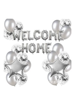 Set baloane folie si latex, Flippy, WELCOME HOME, 22 de piese, 20 baloane latex, 2 baloane stea Folie, 1 set Welcome Home, Argintiu