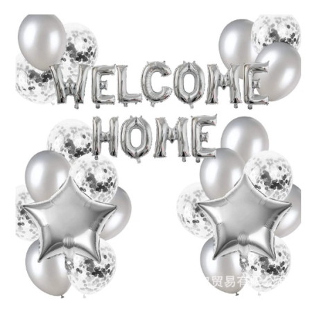 Set baloane folie si latex, Flippy, WELCOME HOME, 22 de piese, 20 baloane latex, 2 baloane stea Folie, 1 set Welcome Home, Argintiu