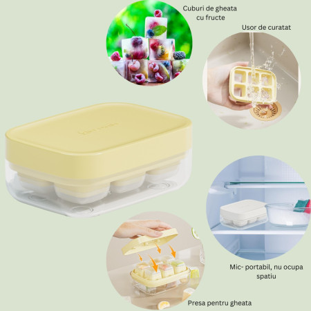Forma pentru gheata cu presa Flippy, din silicon alimentar, 6 cuburi, caserola pentru depozitare, usor de folosit si curatat, 10.5 x 7.5 x 4.1 cm, galben