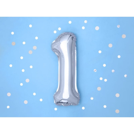 Balon din Folie Metalizata, Flippy, Figurina Cifra, Tema Aniversare 40 cm, Ambalaj Individual, Pai inclus, Umflare cu Aer sau Heliu, Argintiu, Cifra 1