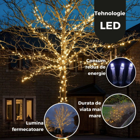 Instalatie de Craciun Liniara, 8 Jocuri de Lumini, Controler, Protectie anti-inghet, Fir Cupru, 50 m, 1 m Prelungitor 220V, 498 LED, Fir Negru, Alb Cald