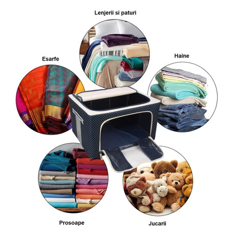 Cutie de Depozitare Pliabilă Premium, 100L, Țesătură Oxford Impermeabilă, Cadru Metalic, Fermoar Dublu, Fereastră Transparentă, Imprimeu cu Buline, 60x42x40 cm, Albastru Marin