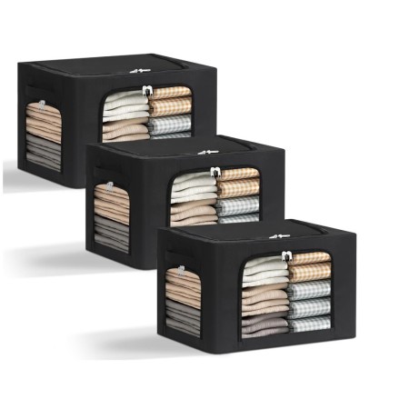 Cutie de Depozitare, Flippy, cu 3 Ferestre cu Fermoar Bidirectional, Cadru din Otel, Impermeabil, 38L, 42 x 30 x 30 cm, Negru