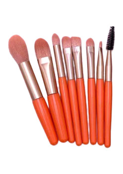 Mini Set Portabil 8 Pensule pentru Machiaj Flippy, Super Soft, Makeup Profesional/Incepatori, Maner Ergonomic, Gentuta Depozitare Inclusa, Portocaliu