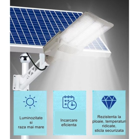 Lampa solara stradala Flippy, pentru curte sau strada, cu doua grile, finisaj mat, rezistent la apa, montare prin fixare, senzor lumina, baterie de litiu, IP65, lumina rece, putere 300W, autonomie 10 ore, 51.5 x 21 cm, gri