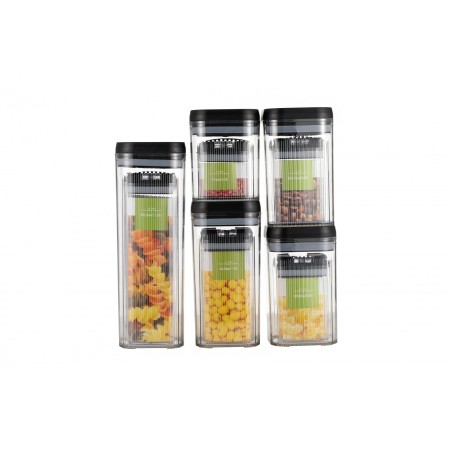 Cutii de Depozitare Alimente, Flippy, Set din 5 Cutii de tip Container, Recipiente pentru Cereale in Bucatarie,  Transparente cu Capac Negru