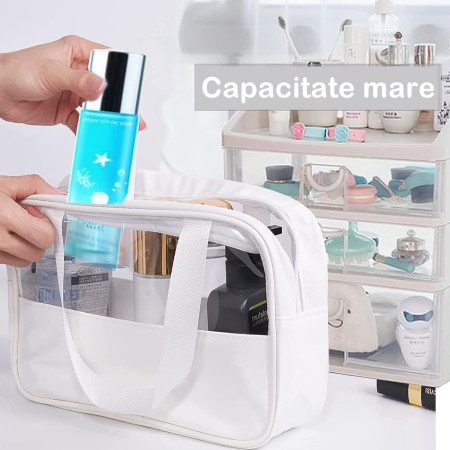 Geanta cosmetice, pentru voiaj sau organizare, material PVC/textil, impermeabila, portabila, 26 x 15 x 10 cm, alb