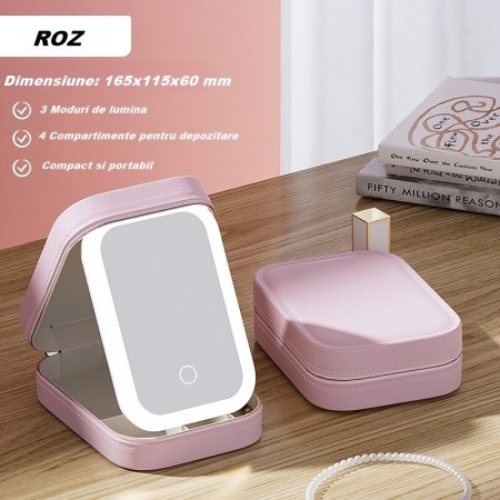 Portfard Cosmetice cu Oglindă LED, 3 Modele de Lumină, Încărcare USB, Baterie 1200 mAh, Compartimentat, Imitație Piele, Roz, 16.5x11.5x6 cm