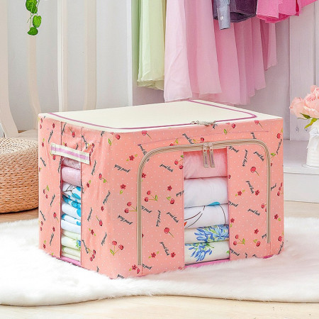 Cutie de Depozitare Pliabilă, 66L, Pânză Oxford, Cadru Metalic, Bază Stabilă, Fermoar Bidirecțional, Două Ferestre de Vizualizare, Imprimeu Cireșe, 50x40x33 cm, Roz