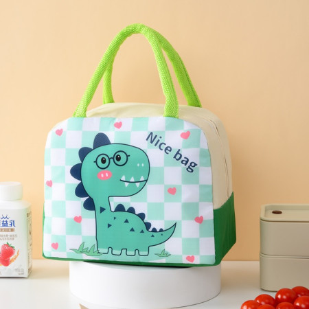 Geanta Termoizolanta pentru Copii, Flippy, 23x13x19 cm, Model Imprimeu Dinozaur, din Folie de Aluminiu si Panza Oxford, Verde