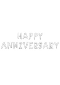 Set Baloane din Folie Metalizată, Flippy, Model Happy Anniversary, Litere de 40 cm, Baloane Party, Ambalaj Individual, Pai inclus, Umflare cu Aer sau Heliu, Argintiu