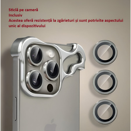 Husa Metalica Compatibila cu iPhone 15 Pro Max, Protectie pentru Colturile Telefonului si Camera, Lentile pentru Obiective, Aliaj, Antisoc, Antizgariere, Argintiu