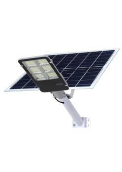 Lampa solara stradala Flippy, IP65, senzor de lumina, 100 LED-uri SMD, 7200 lm, panou 12W, putere 80W, autonomie 12-16 ore, telecomanda, montare prin fixare, pentru strada sau gradina, finisaj lucios, material ABS, 38.6 x 13.3 x 6.5 cm, lumina alb rece