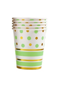 Set 10 Pahare, Flippy, Imprimeu cu Buline si Dungi, din Carton, 250 ml, 7.5 x 8.5 x 5.2 cm, Verde/Auriu