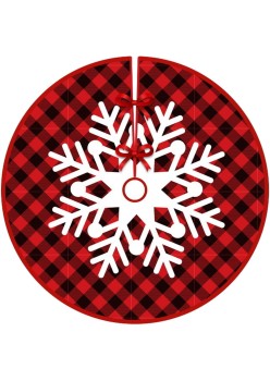 Covoras pentru Bradul de Craciun, Flippy, din Tesatura Pufoasa, cu Fundite de Prindere, Model Fulg de Nea, Carouri Rosu/Negru, Diametru 90 cm