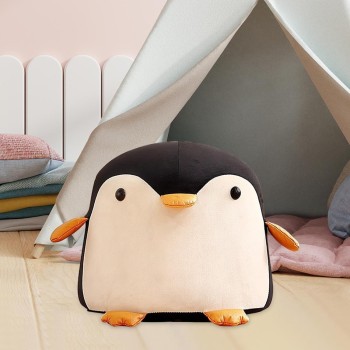 Taburet pentru Copii, Cadru din Lemn Masiv, Pernă Elastică din Burete, Design Ergonomic cu Mâner, Model Pinguin, 25 x 29 x 29 cm, Negru