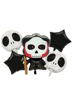 Set 5 Baloane din Folie Metalizata, Flippy, Figurine, Tema Halloween, Pai Inclus, Ambalaj Individual, Umflare cu Aer sau Heliu, Figurina Craniu 50.5x74 cm, Stelute si Cerculete 45 cm, Alb-Negru