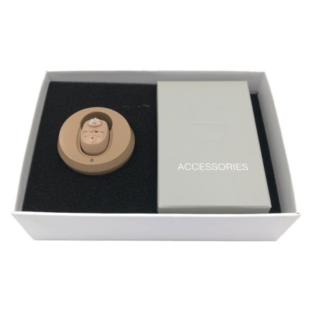 Aparat Auditiv Intraauricular In-Ear, Flippy, Amplificator de sunet pentru Auz, Minuscul Design Nou, 14 x 10 x 3.8 cm, 116 gr, Camel