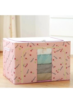 Cutie de Depozitare Pliabilă, 100L, Țesătură Oxford, Cadru Metalic, Bază Stabilă, Fermoar Dublu, Fereastră Frontală, Imprimeu Cireșe, 60x42x40 cm, Roz