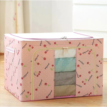 Cutie de Depozitare Pliabilă, 100L, Țesătură Oxford, Cadru Metalic, Bază Stabilă, Fermoar Dublu, Fereastră Frontală, Imprimeu Cireșe, 60x42x40 cm, Roz
