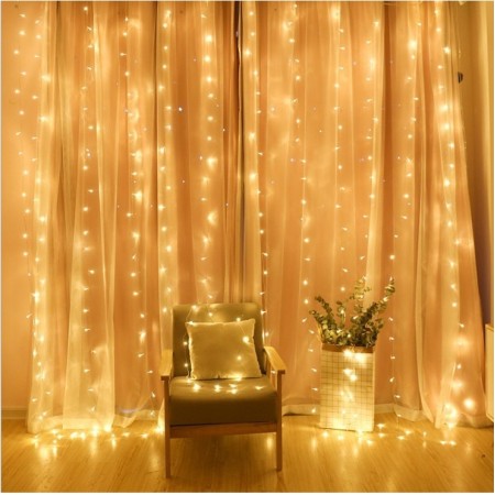 Instalatie Craciun, Tip Perdea, IP44, 4 m x 2 m, 480 LED-uri, Alb cald, cu flash, Transformator cu telecomanda, Interconectabila, Prelungitor 3 m inclus, Fir transparent, Interior/ Exterior, Flippy