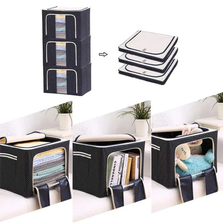 Cutie de Depozitare Pliabilă Premium, 100L, Țesătură Oxford Impermeabilă, Cadru Metalic, Fermoar Dublu, Fereastră Transparentă, Imprimeu cu Buline, 60x42x40 cm, Albastru Marin