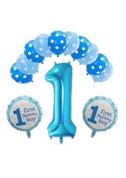 Set 13 baloane, pentru Prima Aniversare, 10 baloane latex, 2 baloane rotunde folie, cifra 1, albastru