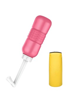 Bideu Portabil pentru Igiena Intima, Flippy, pentru Postpartum/ Postoperator, 450 mL, cu Capac si Husa Galbena, 29.5x7 cm, Culoare Recipient Roz